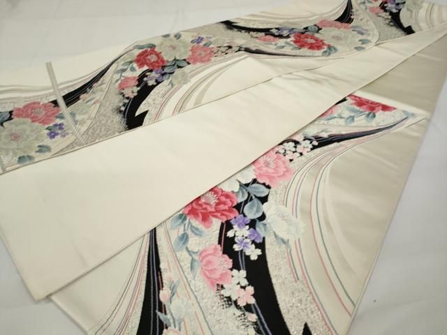 平和屋着物◎六通柄袋帯 唐織 流水花文 銀糸 正絹 逸品