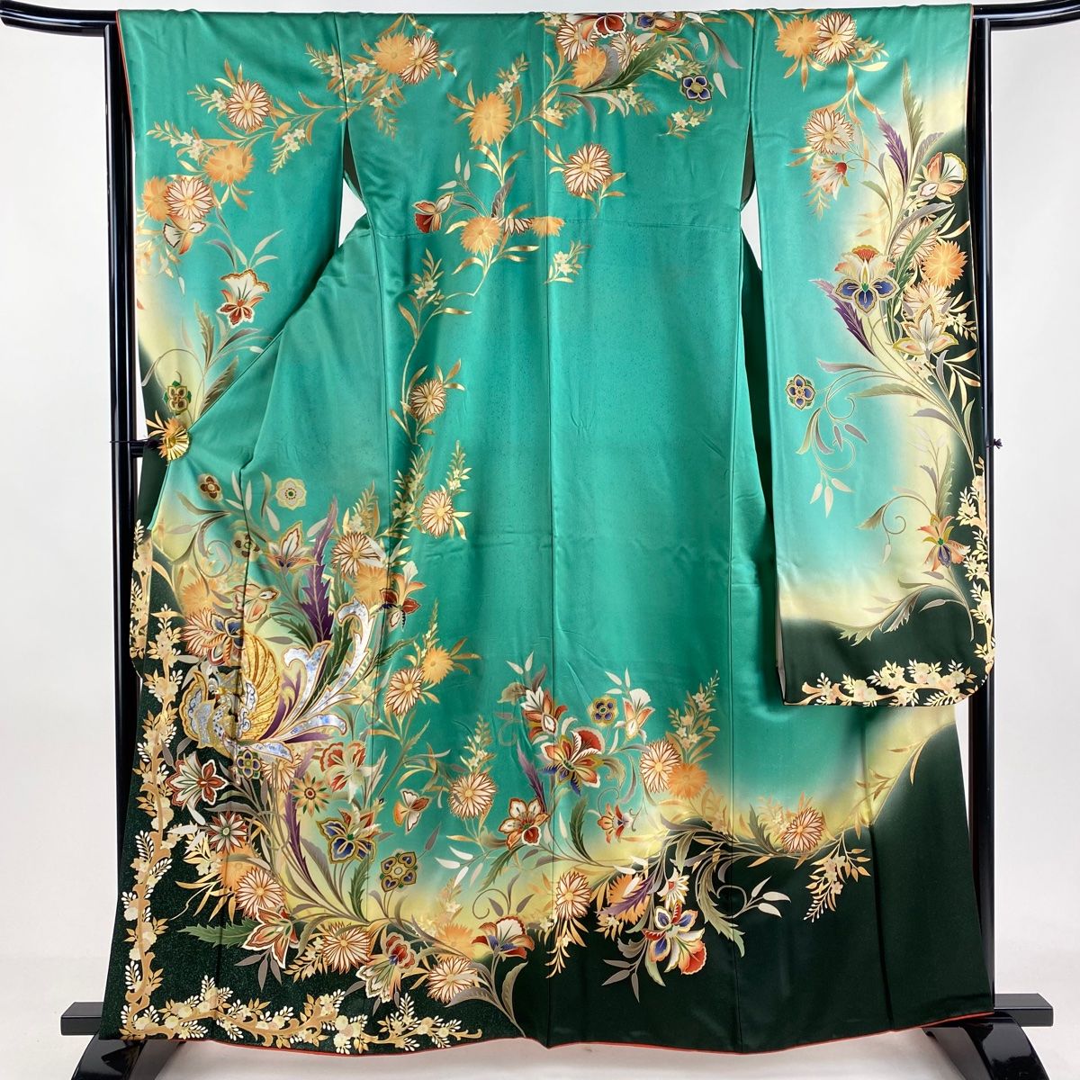 振袖 身丈162cm 裄丈64cm M 袷 鳳凰 草花 金糸 金銀彩 薄緑 正絹 秀品