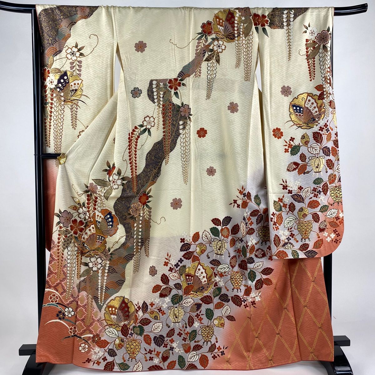 振袖 身丈166.5cm 裄丈68cm L 袷 蝶 雪輪 金糸 金彩 薄黄 正絹 名品