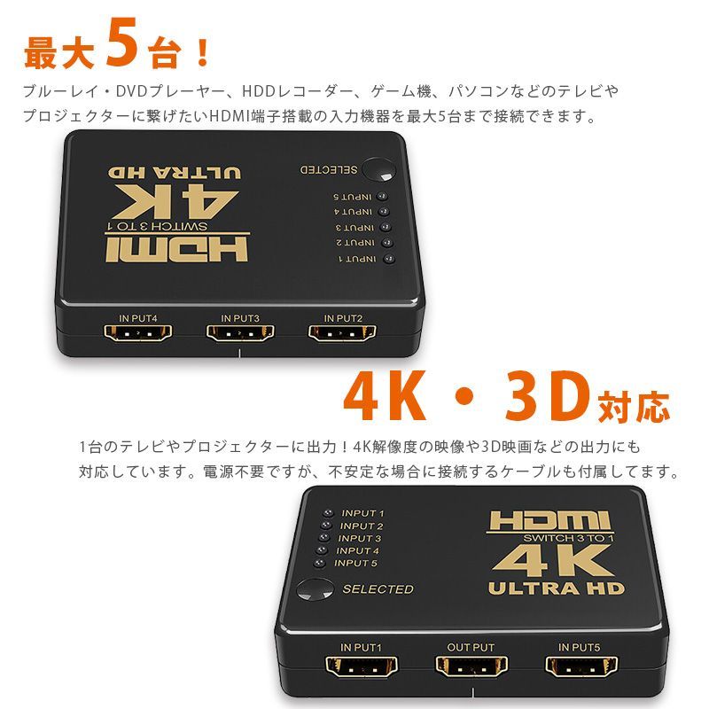 HDMIセレクター 5入力1出力 hdmi分配器 リモコン付き 4K 3D対応 - AS