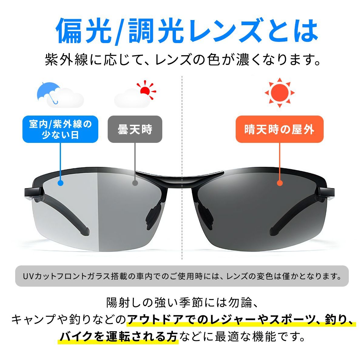 偏光 サングラス 調光 ブラック UVカット ドライブ 釣り スポーツ