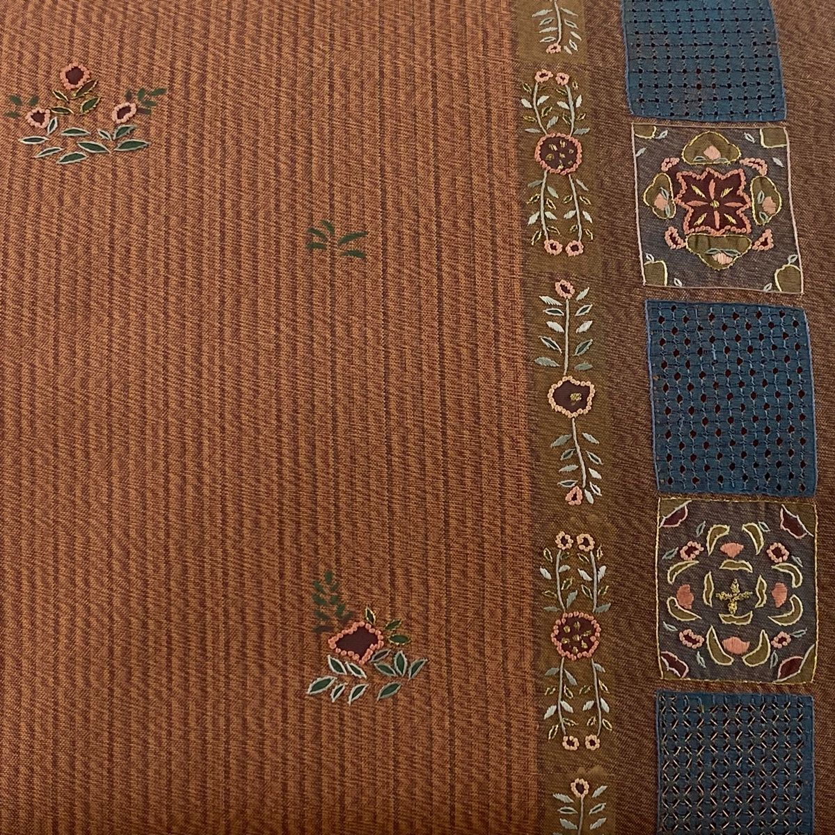 袋帯 秀品 草花 縞 刺繍 金糸 赤茶 六通 正絹