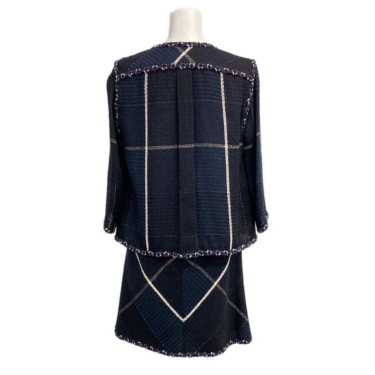 CHANEL シャネル スカートスーツ レディース P29905 P29915 黒×ネイビー×マルチ 七分袖 ツイード ノー チェック柄 春 夏