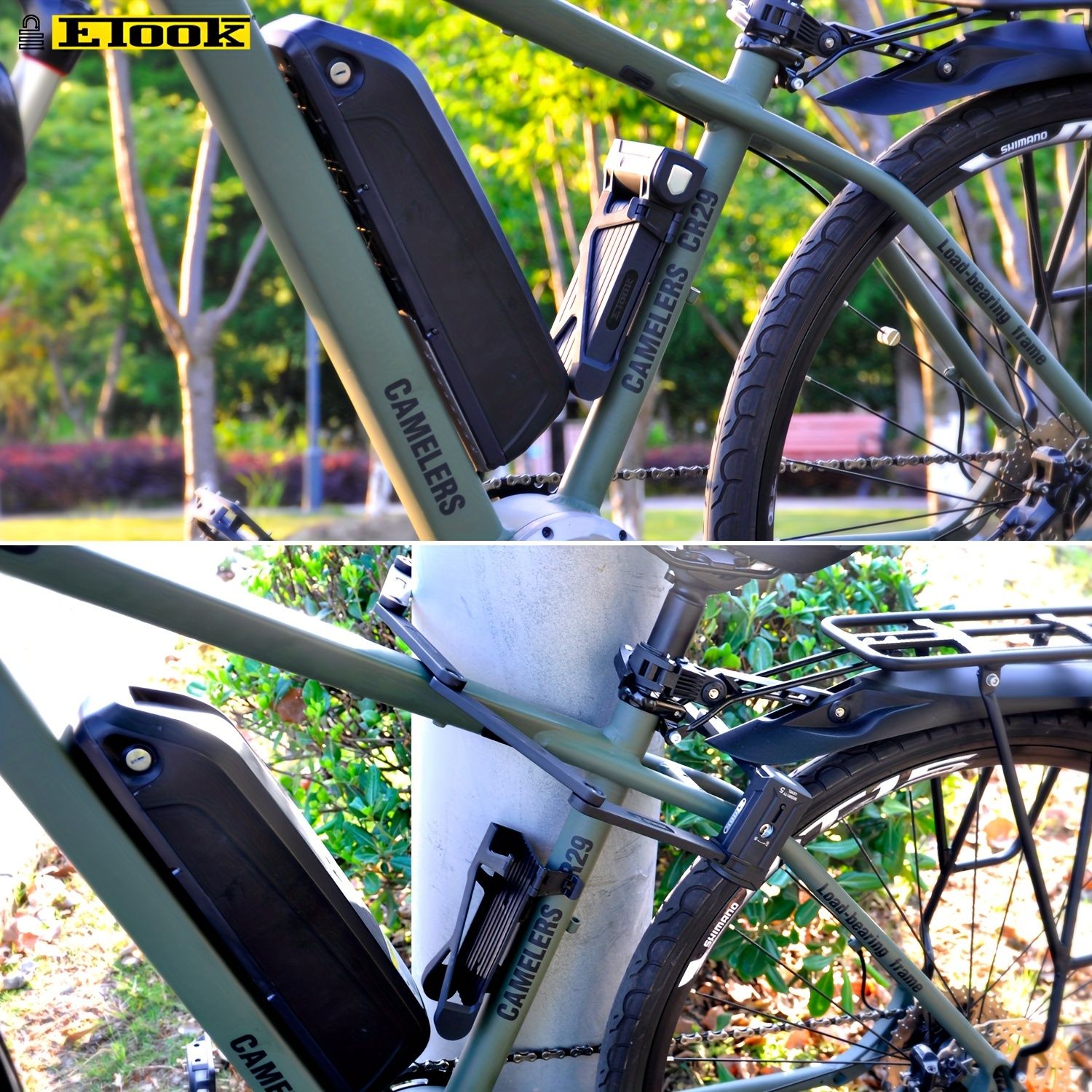 ETOOK タングステン鋼製自転車ロック 1.1m 研磨仕上げ 盗難防止折りたたみ合金鋼 幅広せん断抵抗 ノブコントロール 無充電 電動自転車 スクーター オートバイ用 - ブラック