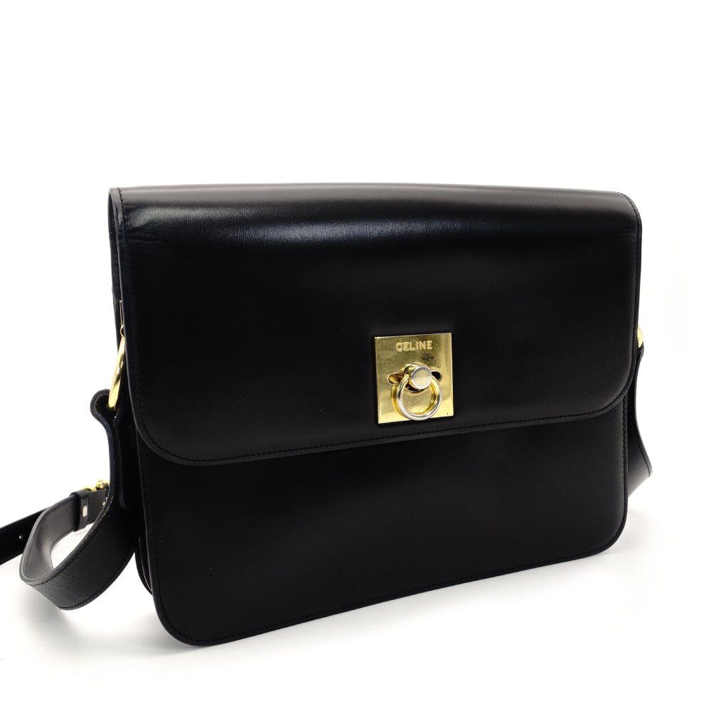 セリーヌ CELINE ガンチーニ ショルダーバッグ ブラック レザー 黒 ヴィンテージ クロスボディ ゴールド金具 7-10-235