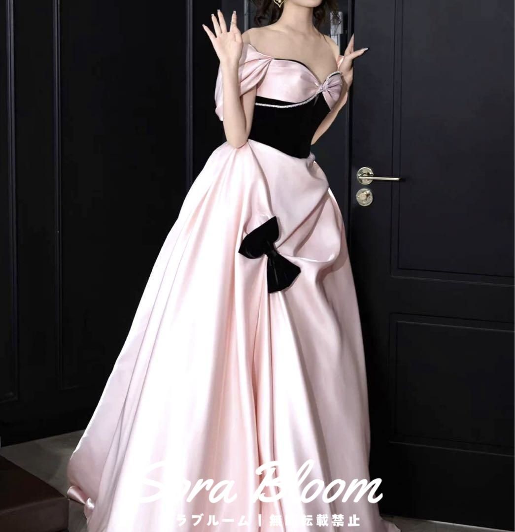 バイカラーのリボンが可愛い オフショル イブニングドレス 新品・未使用】バイカラーにリボンがオシャレなオフショル