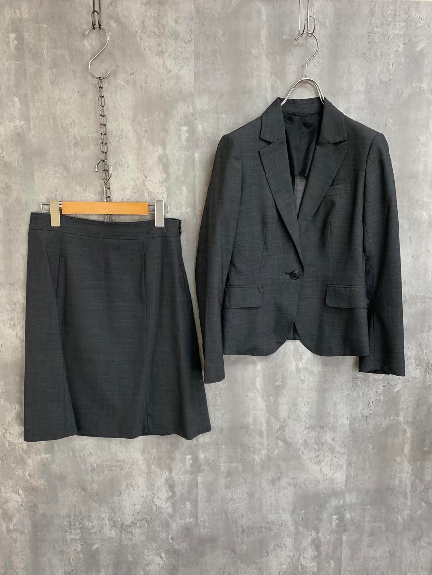 THE SUIT COMPANY スーツカンパニー ウォッシャブル EASY STRETCH ピンチェック柄 セットアップ ジャケット スカート スーツ sizeXL|グレー ◎レディース