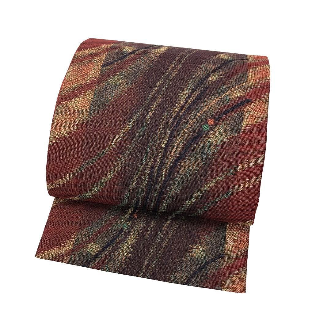 袋帯 本場筑前博多織 白石 証紙付 さつま色泥 流彩 深緋色 O-5635