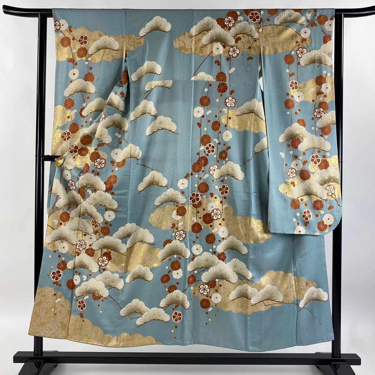 振袖 身丈152.5cm 裄丈60.5cm S 袷 松 梅 金糸 金彩 青灰色 正絹