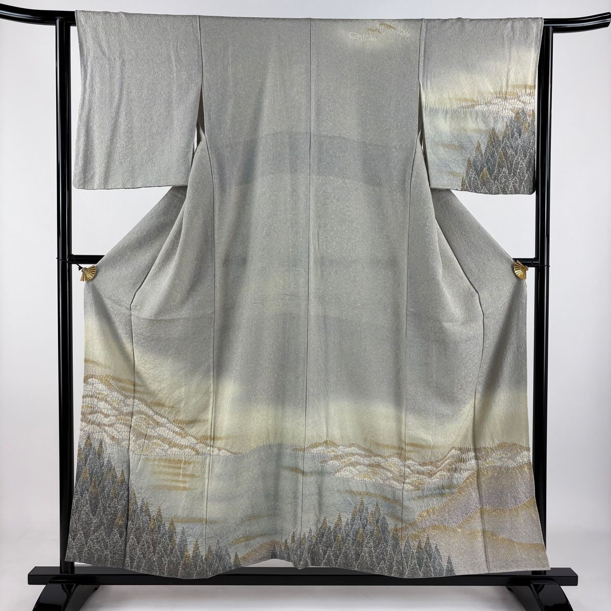 訪問着 身丈155.5cm 裄丈61.5cm S 袷 樹木 山 銀通し 金彩 灰緑 正絹 秀品
