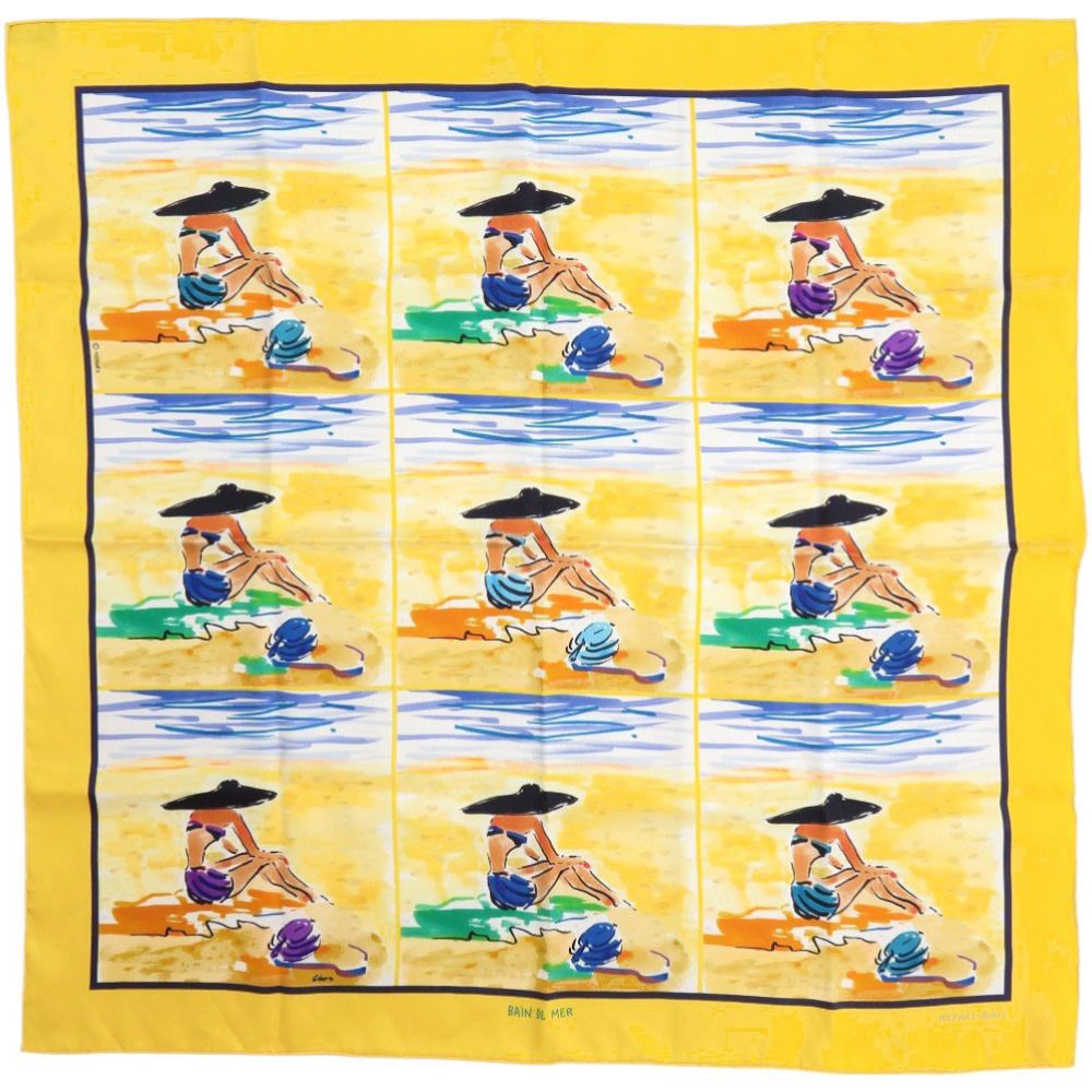 美品 エルメス カレ70 BAIN DE MER 海水浴 シルク マルチカラー