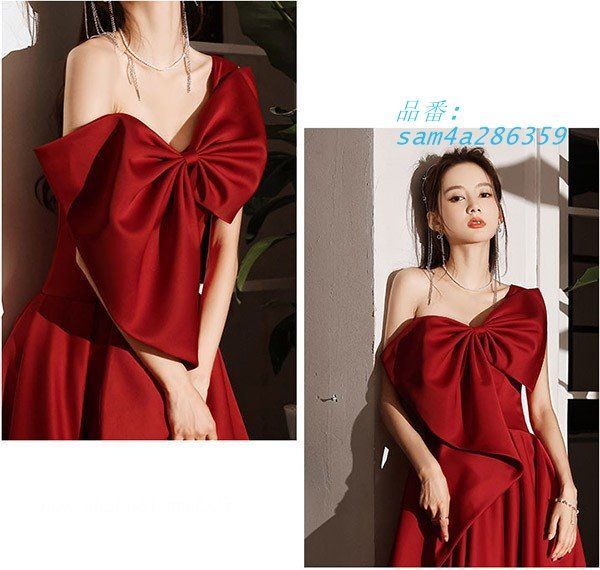 ロングドレス 演奏会 ワインレッド ワンショルダー 大きいリボン 編み上げ パーティードレス 二次会 結婚式 花嫁 am4a286359