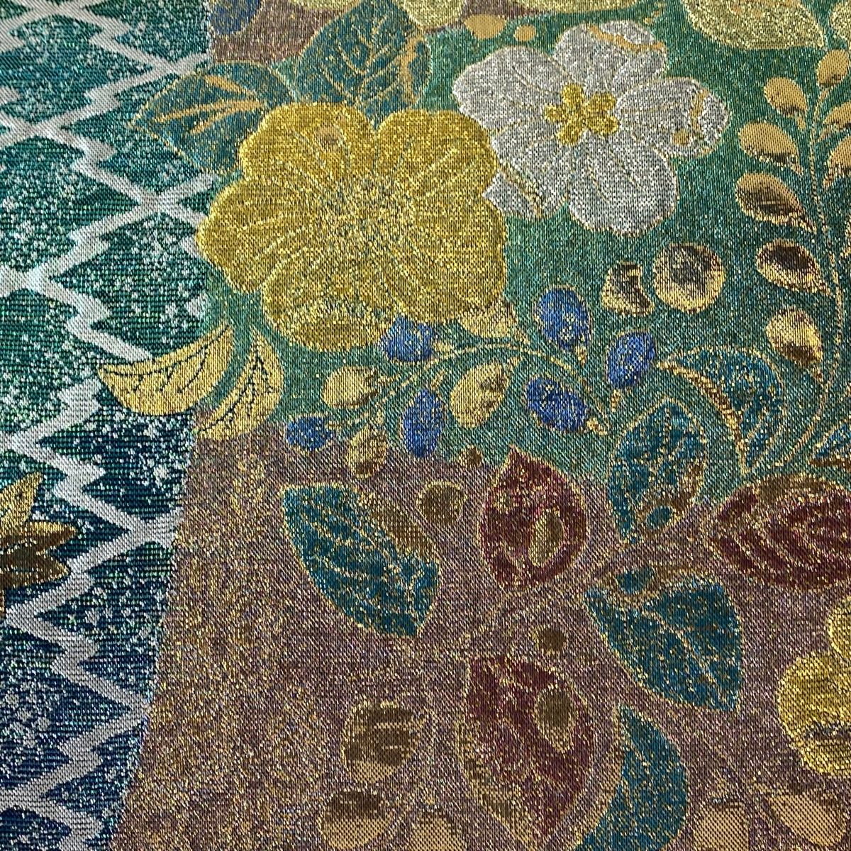 袋帯 秀品 辻が花柄 松皮菱 金糸 箔 青緑 六通 正絹