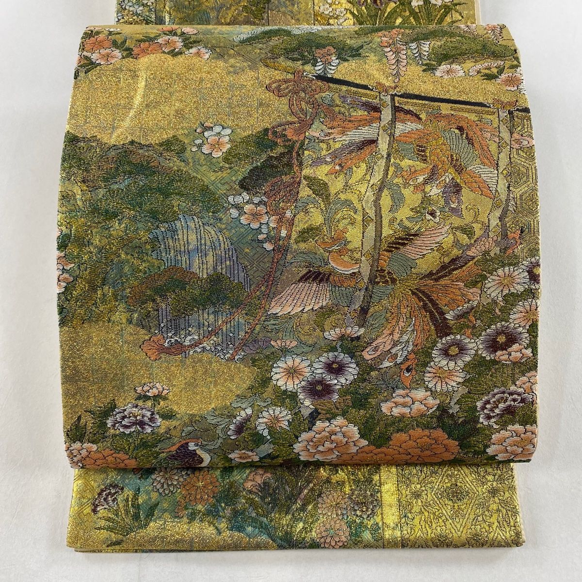 袋帯 こい 名品 証紙あり 草花 金糸 箔 ベージュ お太鼓柄 正絹