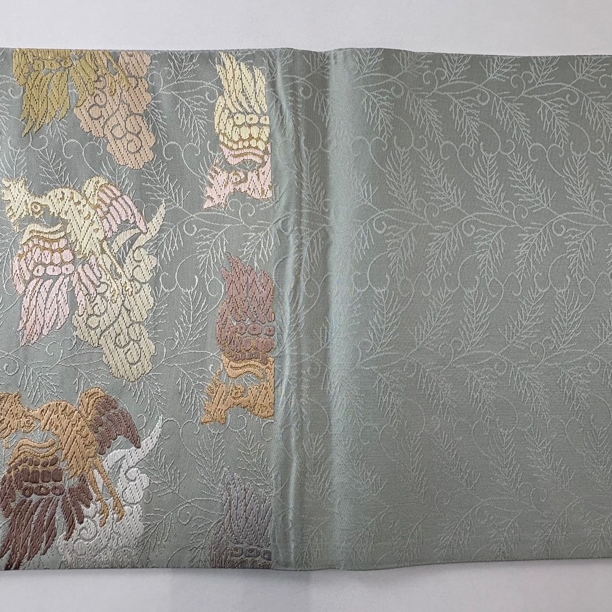 人気の 袋帯 秀品 鳳凰 唐草 箔 灰緑 六通 正絹 送料無料も!