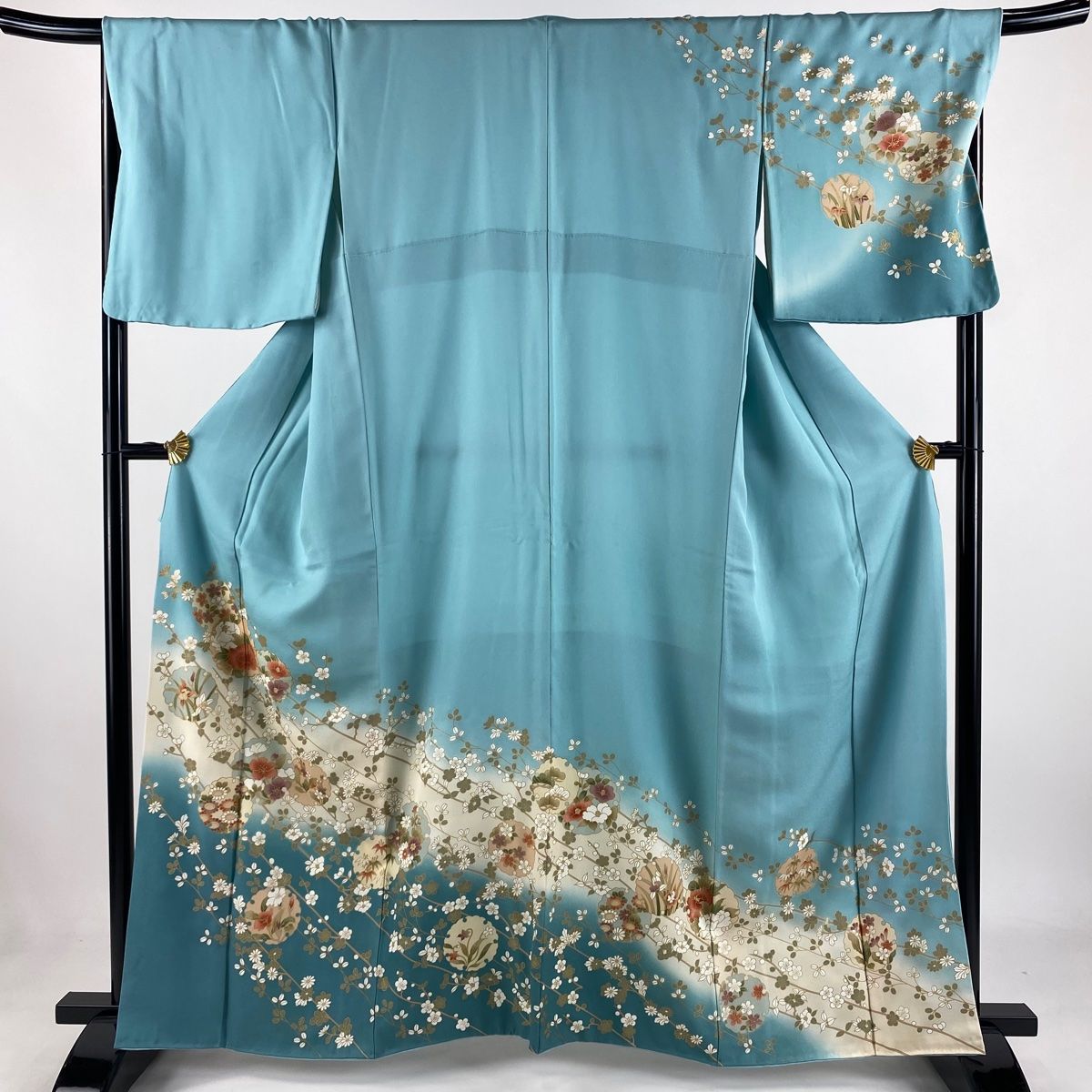 訪問着 身丈162.5cm 裄丈68.5cm L 袷 雪輪 草花 金糸 金彩 水色 正絹 秀品