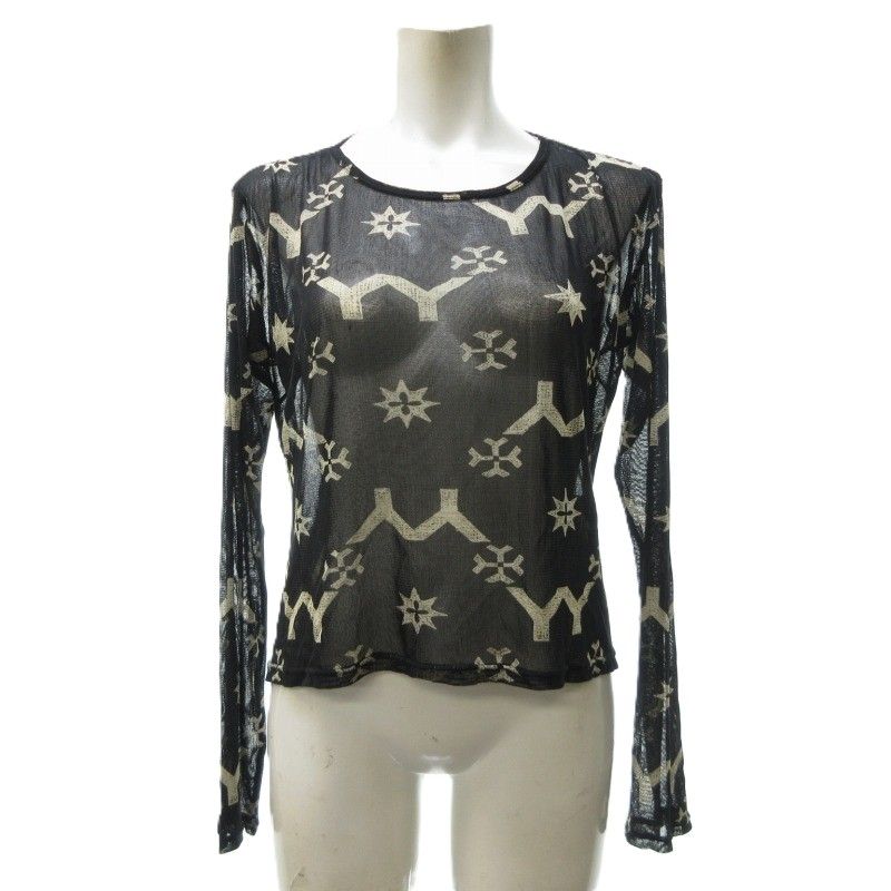 ヨウジヤマモト YOHJI YAMAMOTO 07SS Logo Print Silk Mesh Top シルク カットソー シースルー 長袖 黒 ブラック 2 約S IBO73