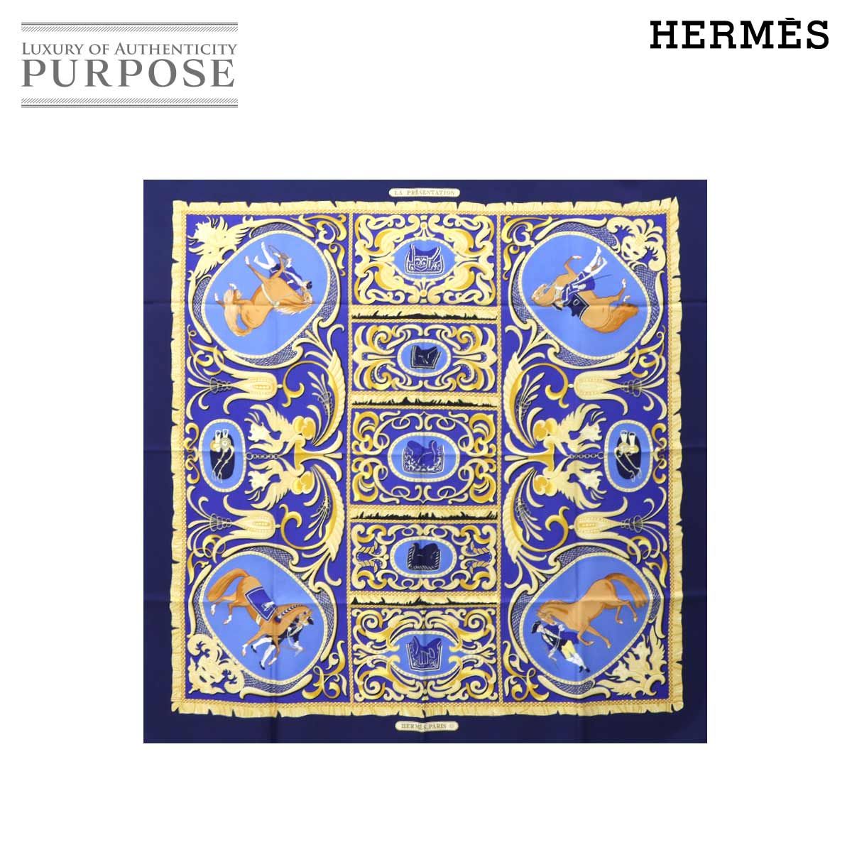 ♥ 展示品 エルメス HERMES カレ 90 大判 スカーフ La Presentation 騎士 馬 シルク ネイビー イエロー Carre Scarf 90289111