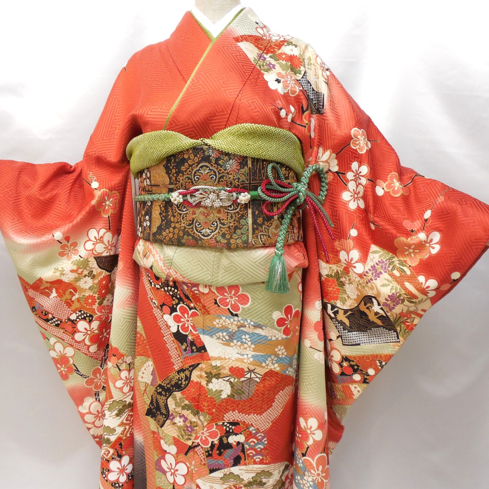 フォロワ割 振袖フルセット 正絹 成人式 振袖 7点セット 振袖Mサイズ レッド系 古典柄 花柄 華やか