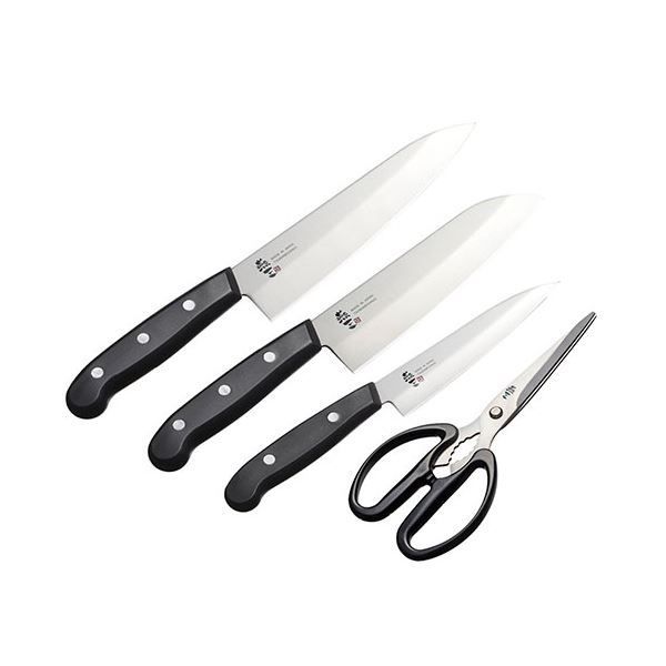 燕三 ステンレス包丁-キッチンハサミ4点 牛刀包丁|刃渡り18cm 三徳包丁|刃渡り16.5cm ペティナイフ|刃渡り13cm B1154590