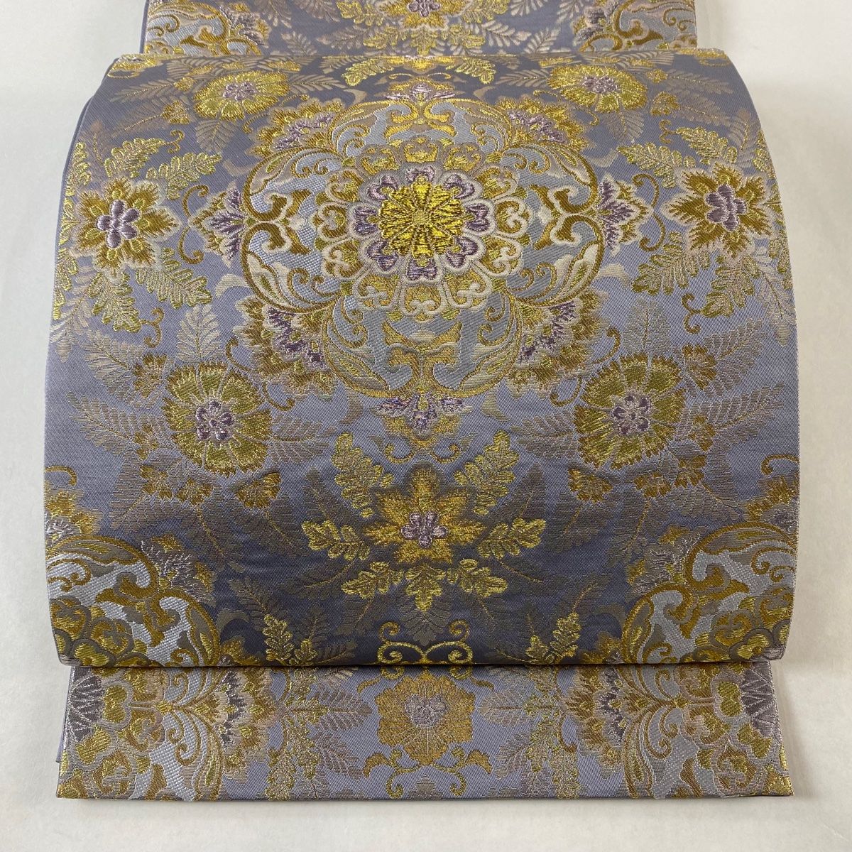 袋帯 美品 名品 落款 本家加納 華文 草花 金銀糸 箔 青灰色 六通