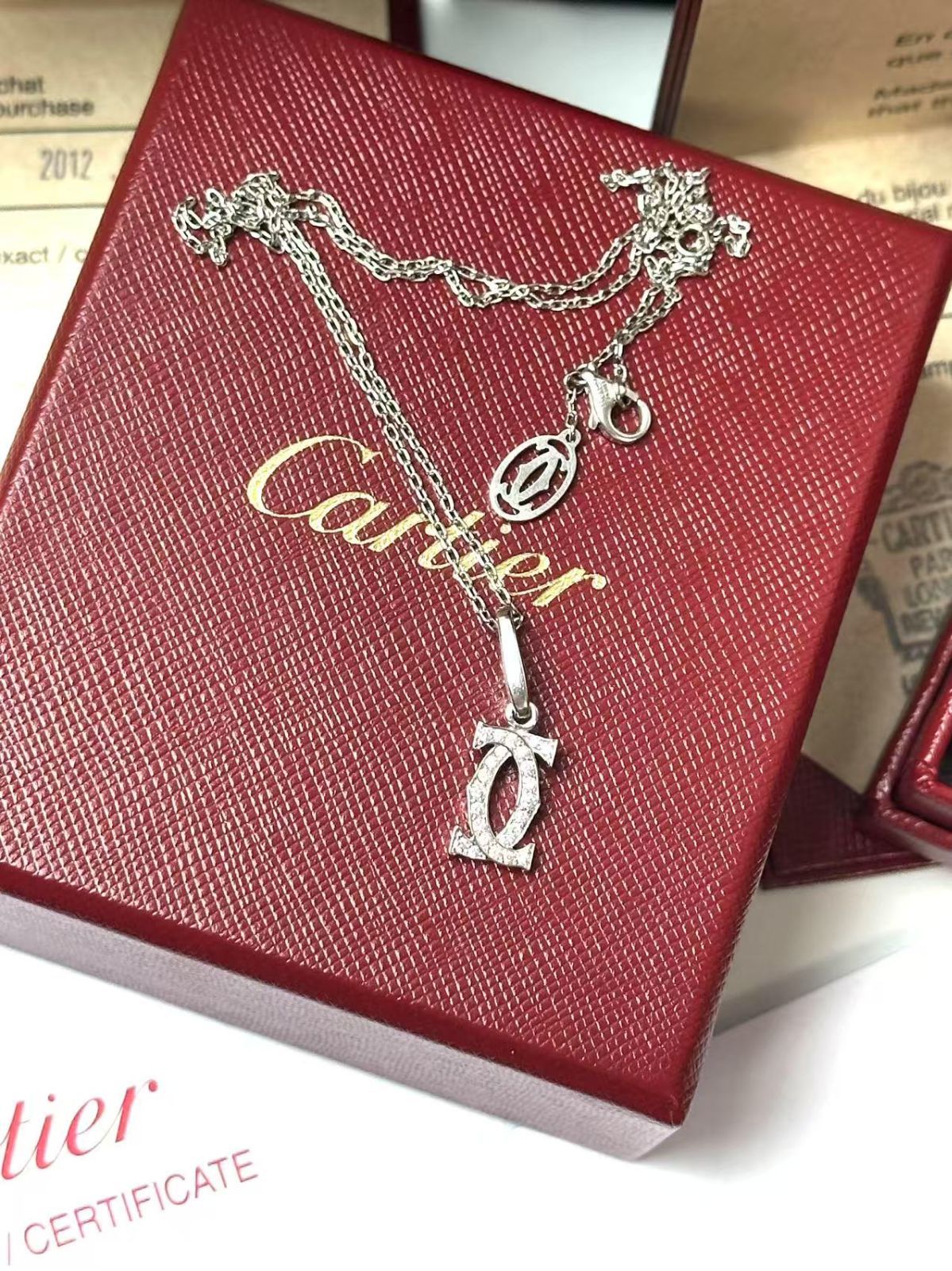 フルセット◆カルティエCartierダイヤ付き2CチァームネックレスK18WGホワイトゴールドダイヤモンドCCペンタントネックレスユニセックス男女