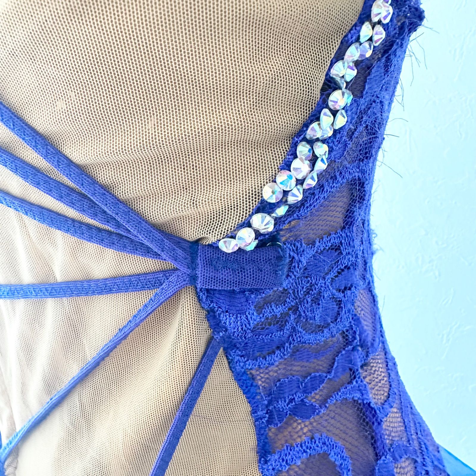 タカダンス 社交ダンス レース フリル ビジュー付 ドレス サファイアブルー M タカダンス 社交ダンス レース フリル ビジュー付 ドレス