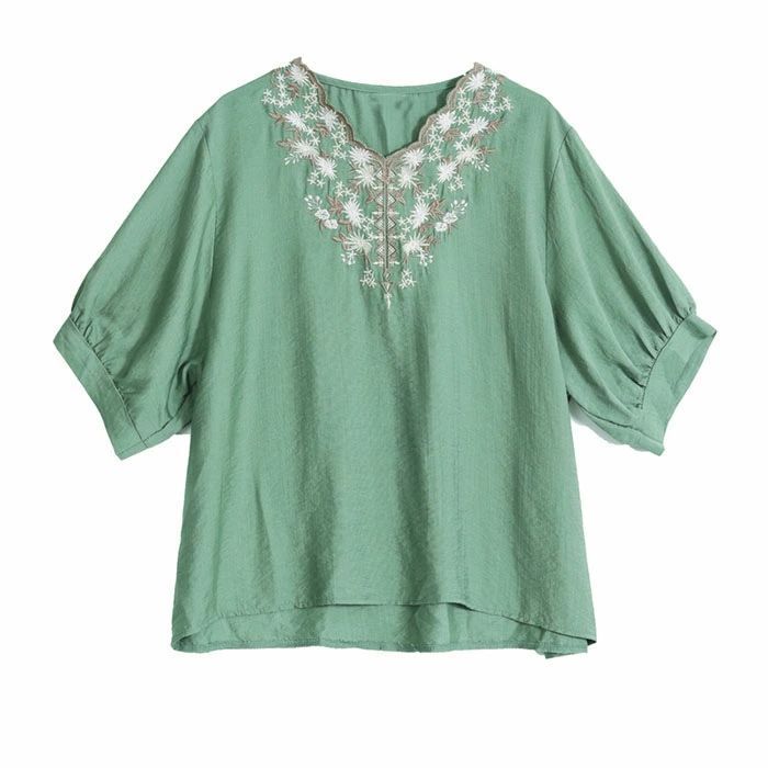 五分袖シャツ ブラウス七分袖トップス エスニック風ナチュラル/リネン綿麻ゆったりＴシャツ森ガール風 民族風 花柄刺繍 可愛いエレガント全店 ブラウス 五分袖 レディース 夏 チュニック 花柄 半袖 トップス