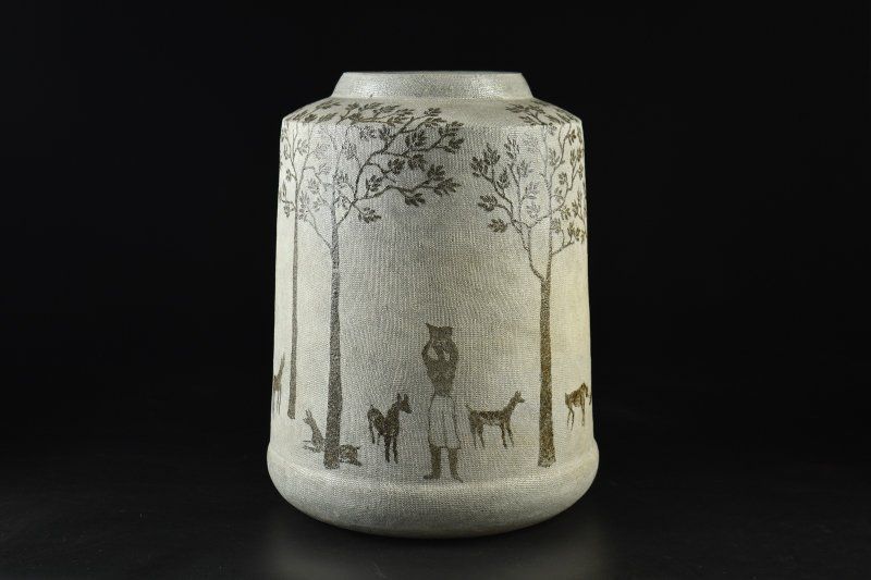 蔵A5202 高木伸 森の詩 鹿 花器 花瓶 壷 壺 共箱 高45.5㎝ 幅25.5㎝ 師 田村耕一 WWW_IBETON_RU