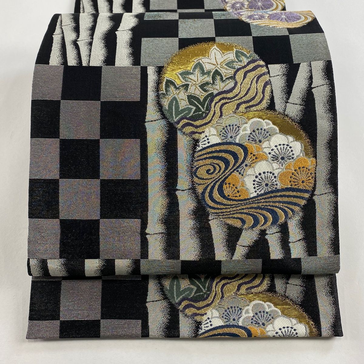 【美品】 袋帯 名品 梅 竹 金糸 箔 黒 六通 正絹 【】