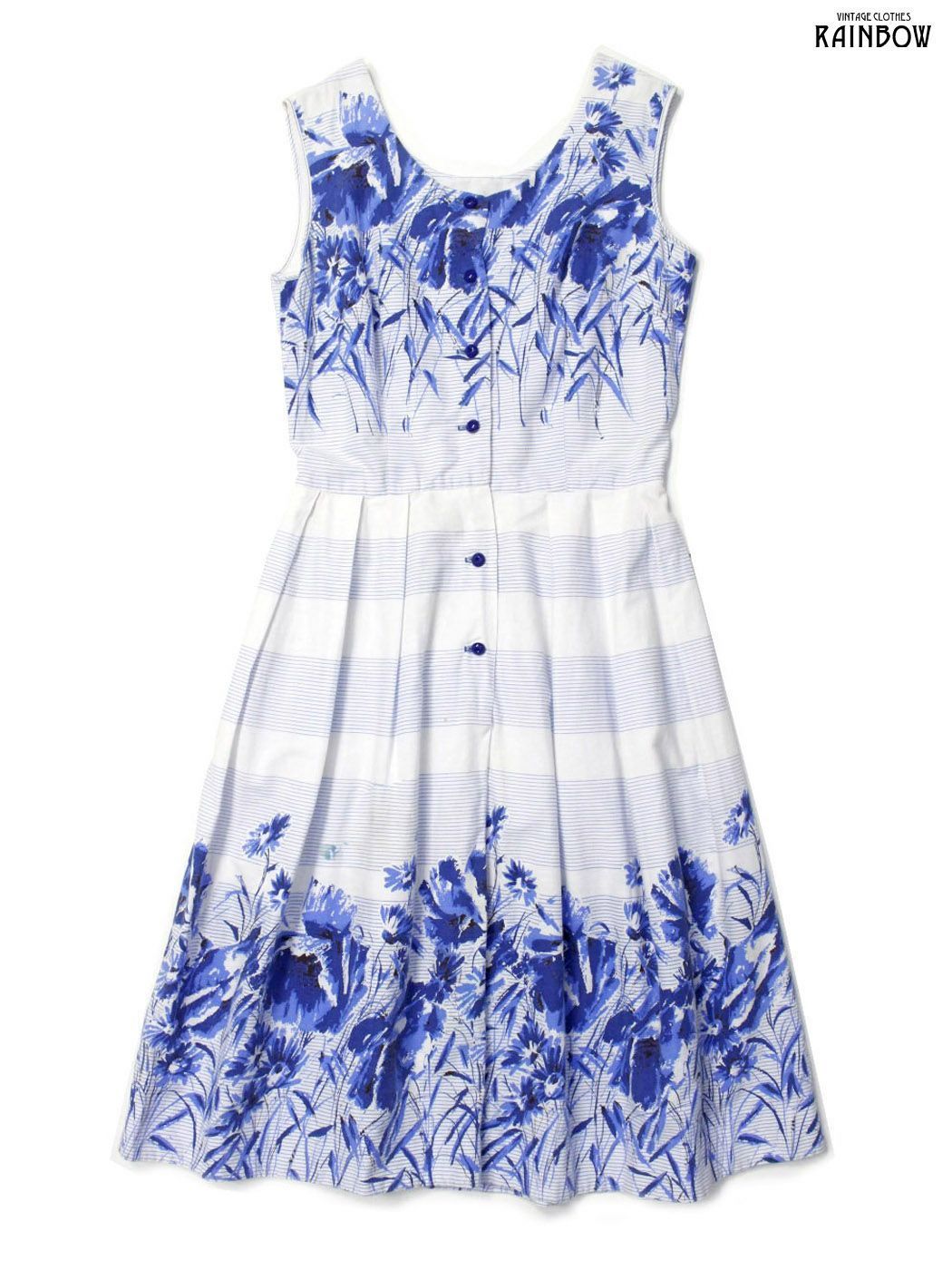 ★自由区・★コットン混 ボーダー柄風 ノースリーブワンピース 38★ライトグレー×ネイビー系★[サマーSALE]★19gb51 アメリカ 古着 花柄 ボーダー柄 コットン ノースリーブ ワンピース 青