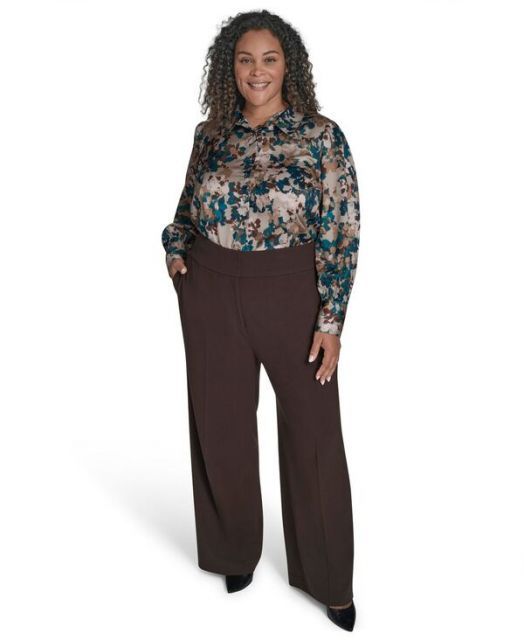 送料無料 カルバンクライン レディース カジュアルパンツ ボトムス Plus Size Mid-Rise Wide-Leg Pants Coffee Bean