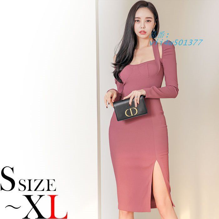 セクシー胸元開き 深スリット長袖膝丈タイトワンピース キャバ スナック ドレス セクシー 服 レディース 韓国 vii4w501377