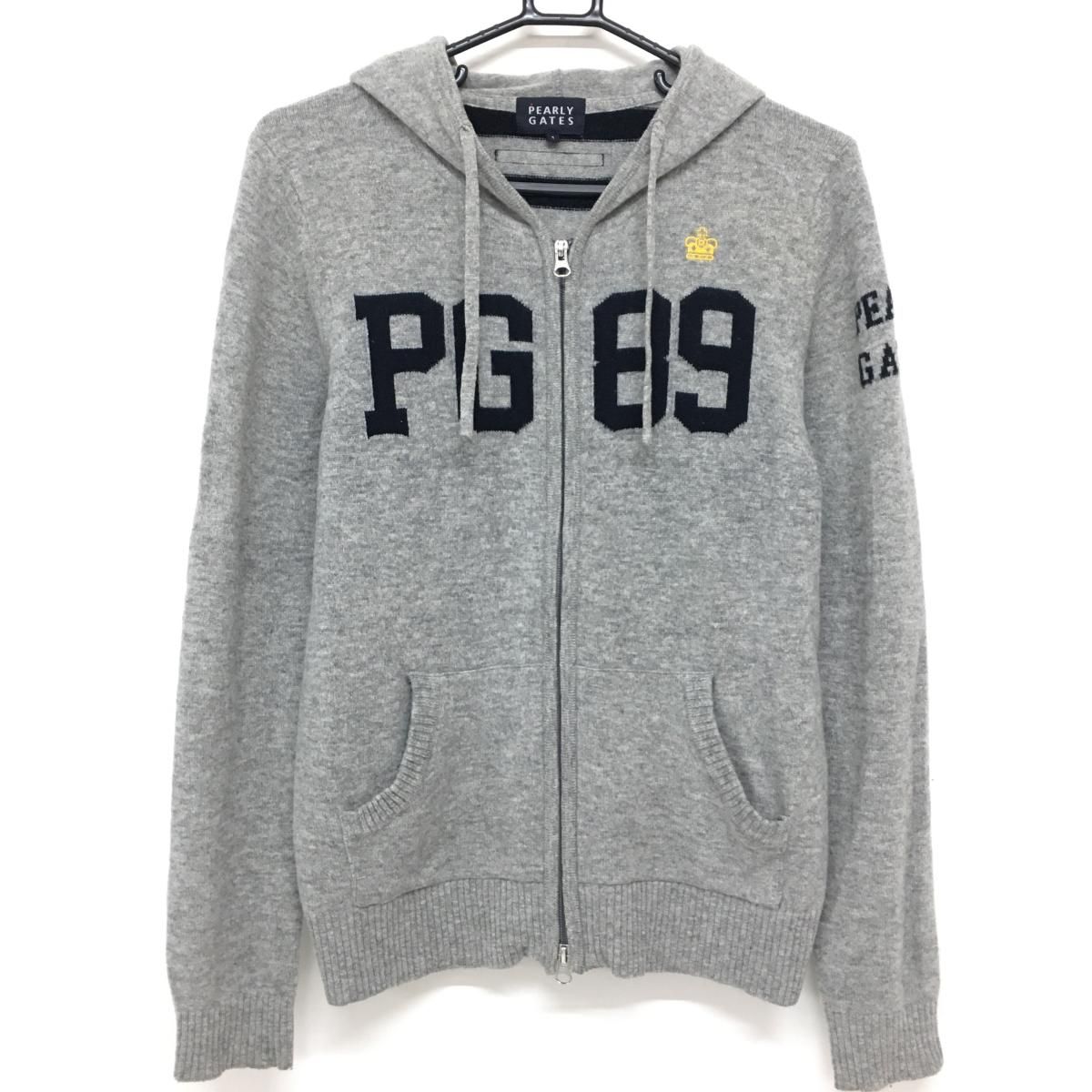パーリーゲイツ ニットパーカー グレー×ネイビー 羊毛・カシミヤ混 