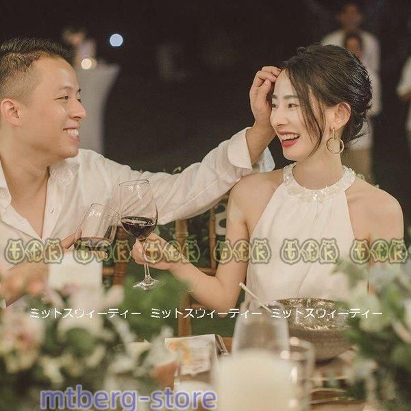 ウェディングドレス ロングドレス 結婚式 旅行挙式 ウエディングドレス 二次会 花嫁 前撮り ホルターネック ホワイト シンプル リ