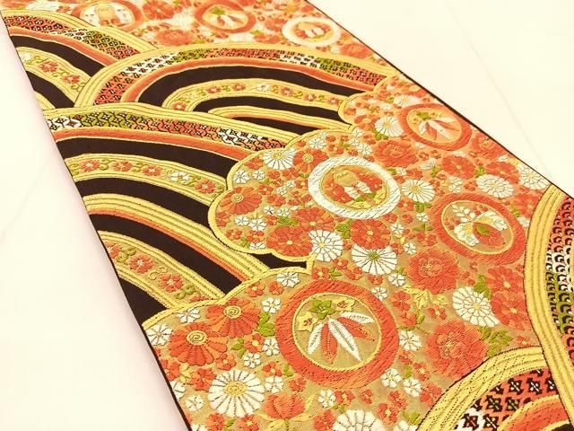 平和屋着物◎六通柄袋帯 唐織 雲取り花蝶青海波 金糸 正絹 逸品