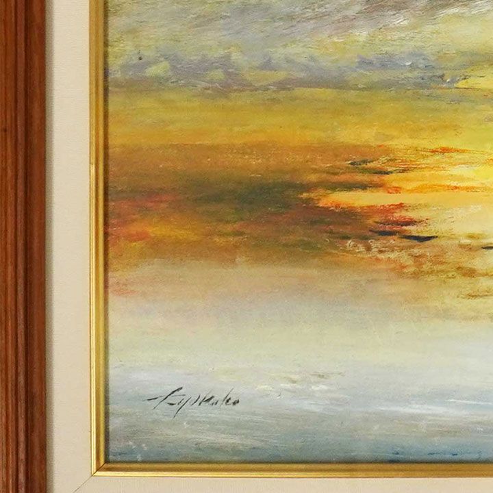 NO23. 岡田旭峰 作品名不明 油彩 洋画 朝 航海 ヨット 船 風景画 額