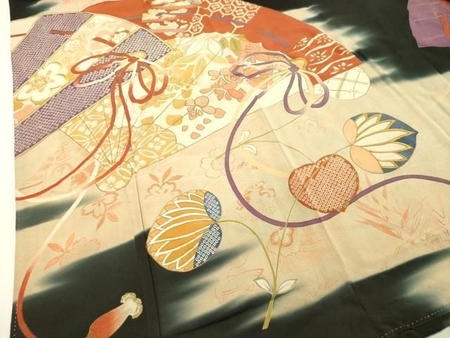 平和屋着物○アンティーク 大正ロマン 振袖 駒刺繍 檜扇草花松文