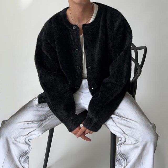 秋冬 コーデ メンズ 服 シンプル ファッション オシャレ 大人 かっこいい 大きいサイズ ストリート 紳士服 ハイエンド 黒 ラウンドネックニット カーディガン セーター ジャケット
