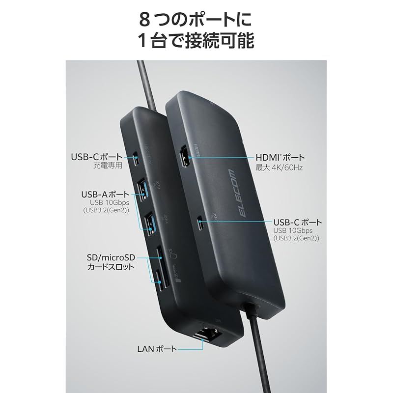 エレコム USB-C ハブ ドッキングステーション 8in1 PD100W HDMI 4K 60Hz対応 USB 10Gbps USB3.2 Gen2 超高速データ転送 ネイビー DST-W10