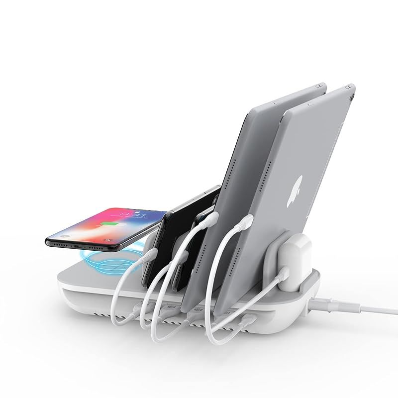PD対応/ワイヤレス充電器/4ポート USB-A 、首佩 70W 5ポート充電ステーション 15Wワイヤレス充電パッド付き iPad Pro Gen2、Phone Xs/Max/XR/X / 8、S9 / S8、25W用の1つのUSB-Cポート そして、す 0
