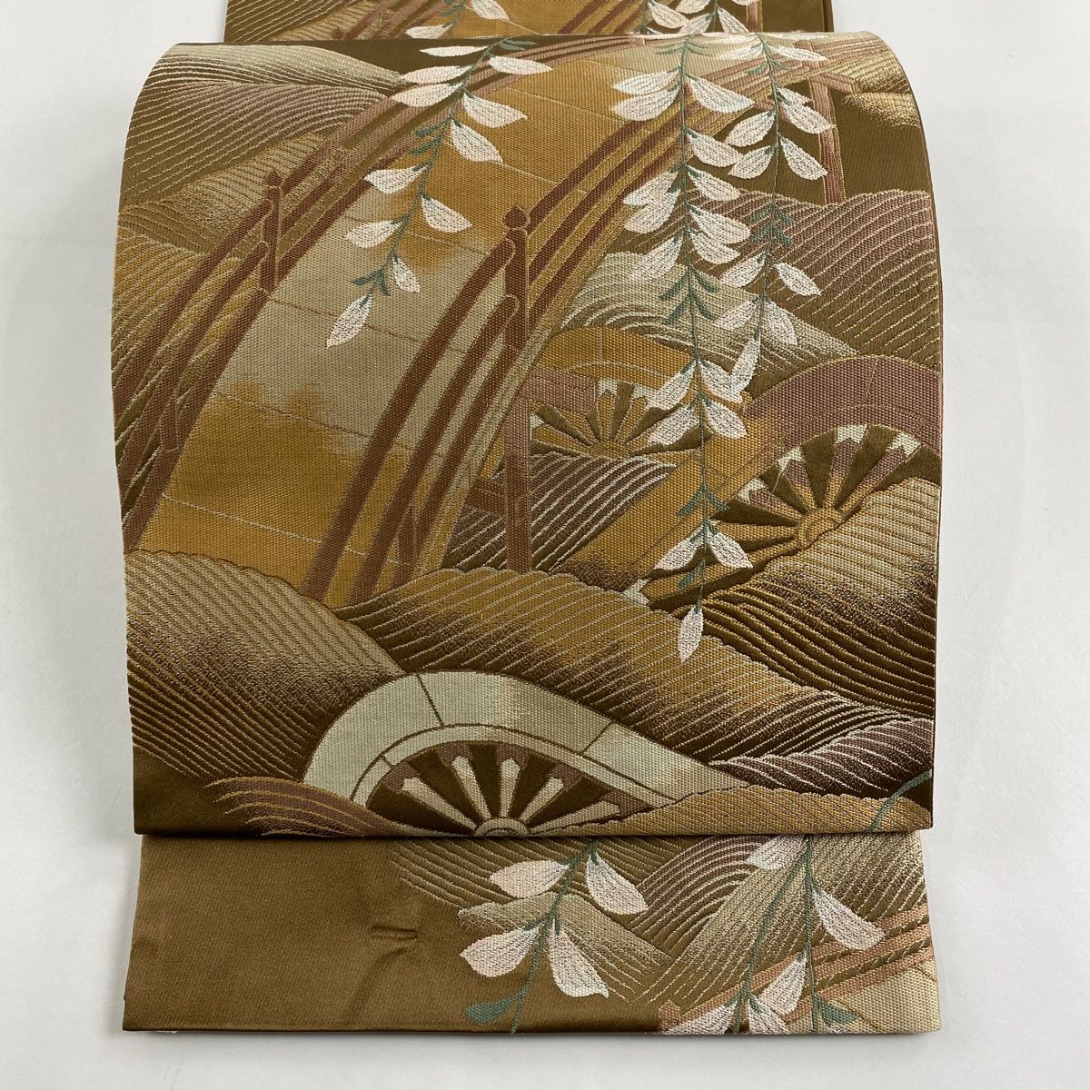 袋帯 名品 貝島はるみ 落款 片輪車 橋 箔 茶色 六通 正絹