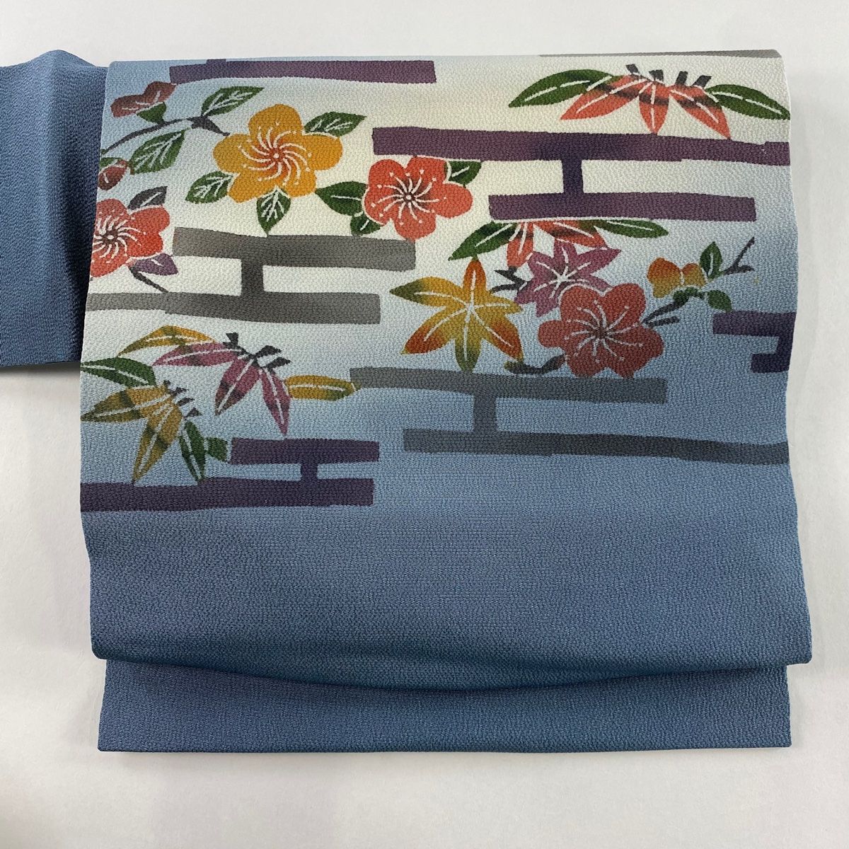 付け帯 名品 作り帯 草花 ぼかし 縮緬 青灰色 正絹