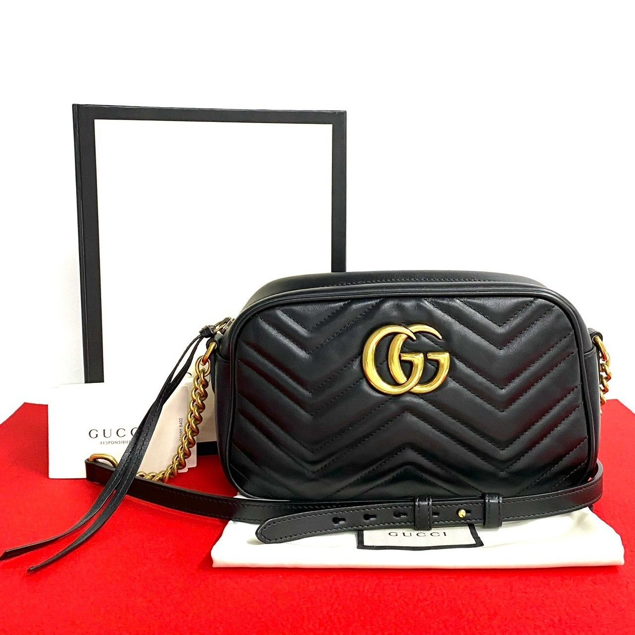 極 美品 箱 袋付き GUCCI グッチ GG マーモント ロゴ 金具 レザー 本革 