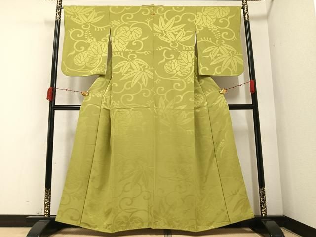 平和屋着物●上質な色無地 花唐草地紋 抹茶色 正絹 AABA7855ph