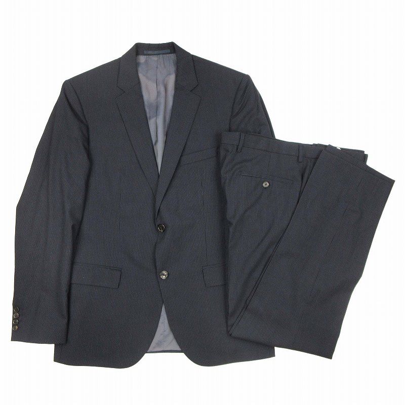 美品 ヒューゴボス HUGO BOSS Super120 ストライプ セット スーツ テーラード ジャケット ブレザー 2B スラックス テーパード パンツ ボトムス サイズIT50 L 紺 ネイビー メンズ/7