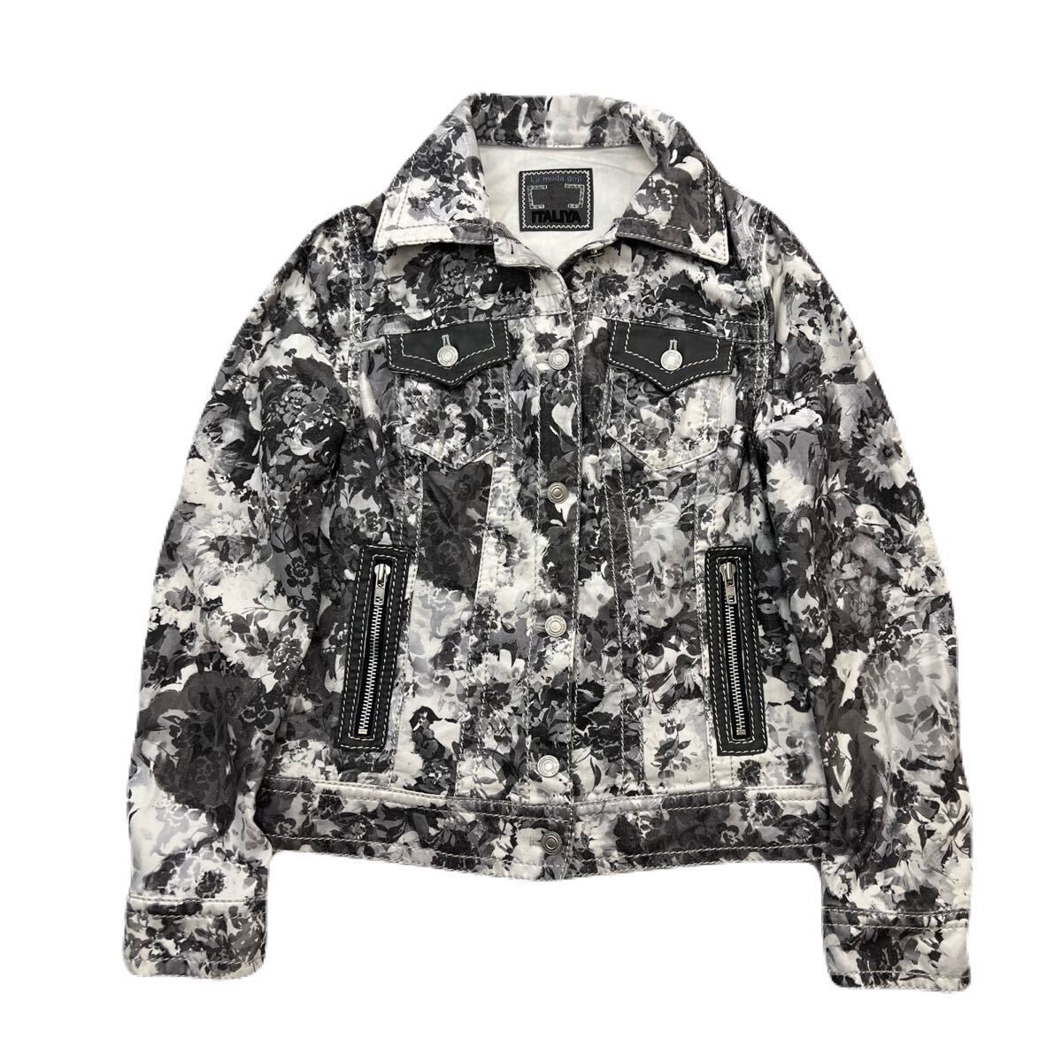伊太利屋 イタリヤ 派手柄 デザイン コットン ストレッチ ジャケット ホワイト ブラック 11 春 秋 個性派 モード 古着 AB362