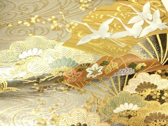 【訪問着】 鬘帯飛鶴扇面吉祥枝梅文・暈し染め・金彩・正絹❣️逸品✨No.1309 ほぼ美品 訪問着 鳳凰に吉祥花文様 金彩 着物