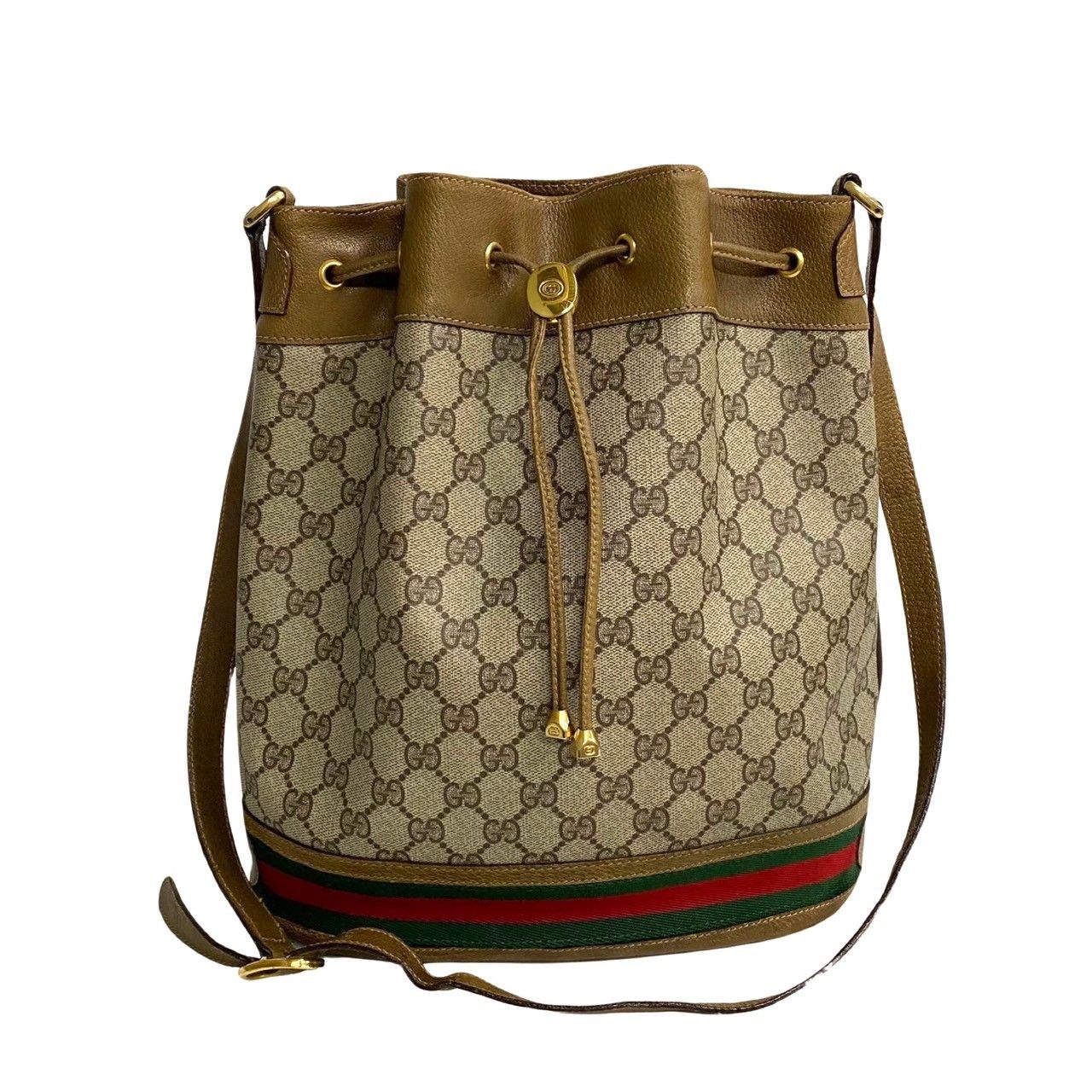 極 美品 GUCCI グッチ オールドグッチ ヴィンテージ シェリーライン GG ロゴ 金具 レザー 巾着 ショルダーバッグ ブラウン 28491 -  メルカリ