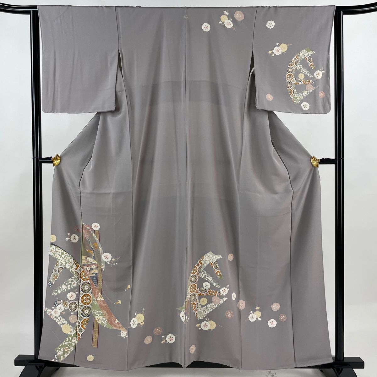 訪問着 身丈158cm 裄丈63.5cm S 袷 源氏車 枝梅 金彩 灰紫 正絹 秀品  